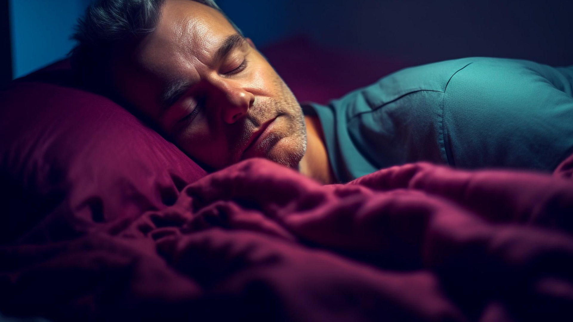 Uomo di mezza età che dorme tranquillamente a letto con luci soffuse, illustrando i benefici dell'e-liquid senza nicotina per un sonno migliore.