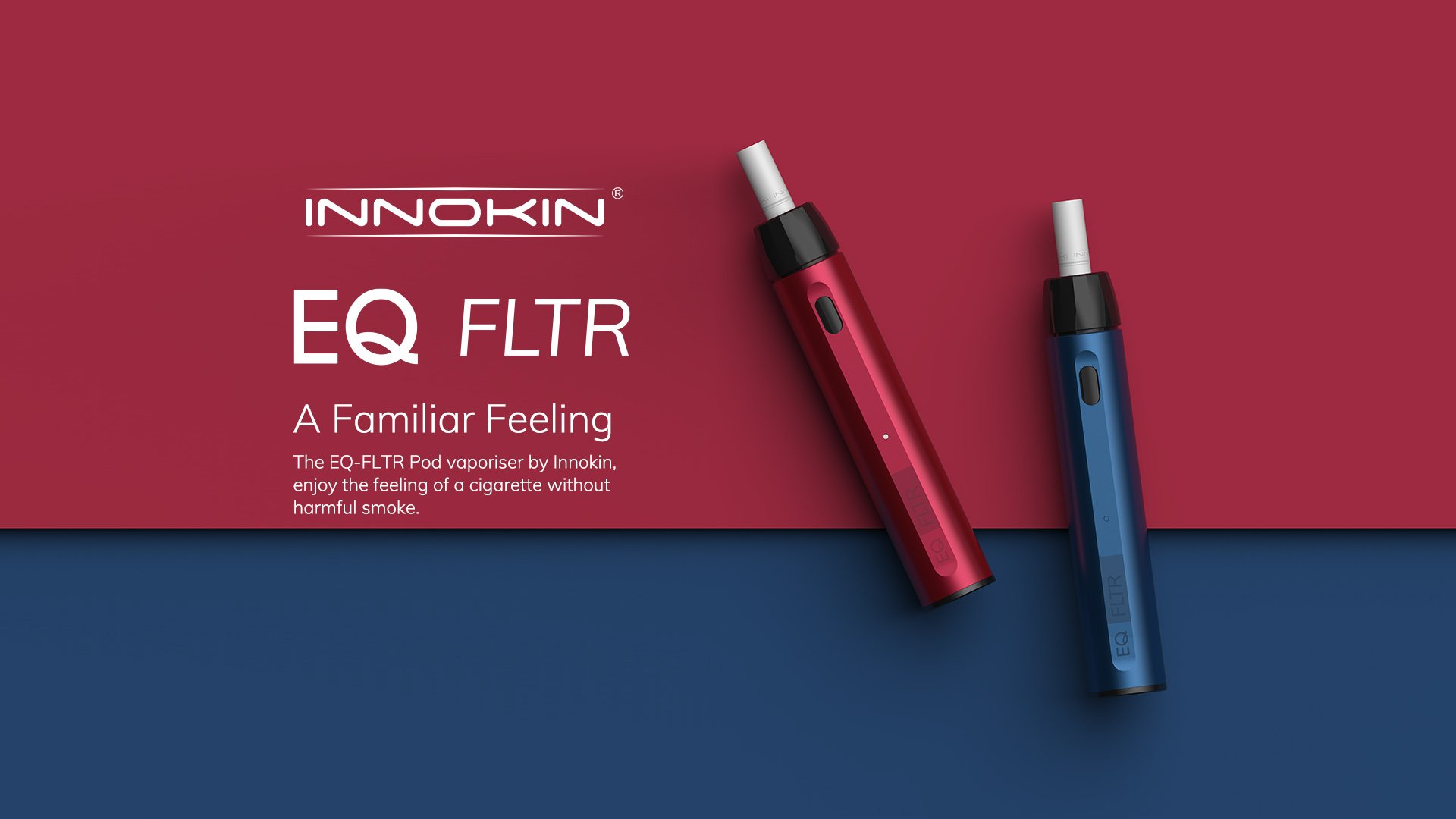 Una coppia di Innokin EQ FLTR sigarette elettroniche per i sali di nicotina nei colori rosso e blu su uno sfondo bicolore maroon e blu navy. 