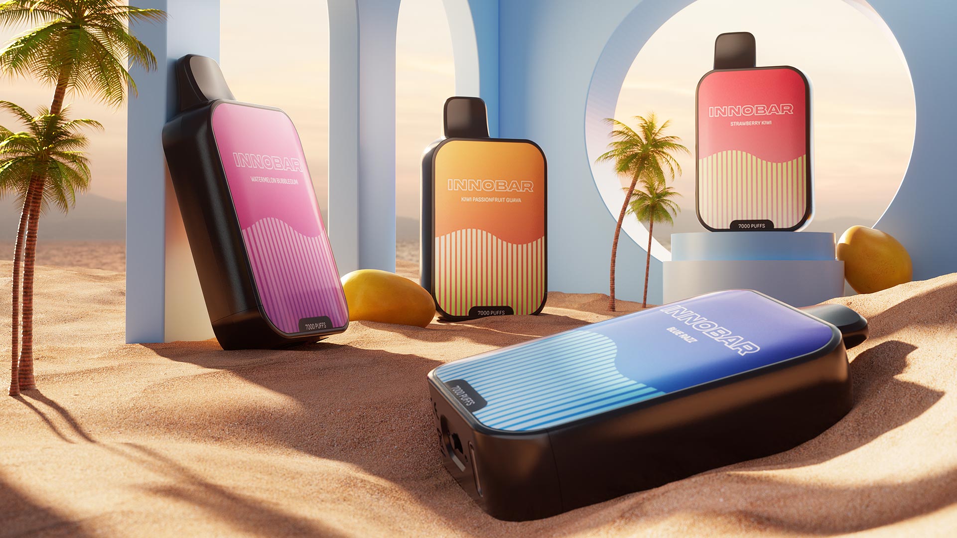 Quattro INNOBAR CLK colorate sono esposte su una spiaggia sabbiosa tra palme da cocco e strutture architettoniche, creando un'atmosfera da vacanza tropicale.