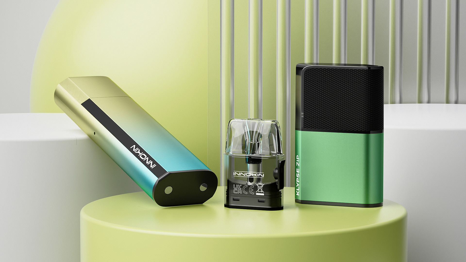 Una linea di prodotti Innokin Klypse Series sigaretta elettronica che presenta un design elegante e opzioni di cialde per sali di nicotina, su un elegante sfondo geometrico verde e bianco.