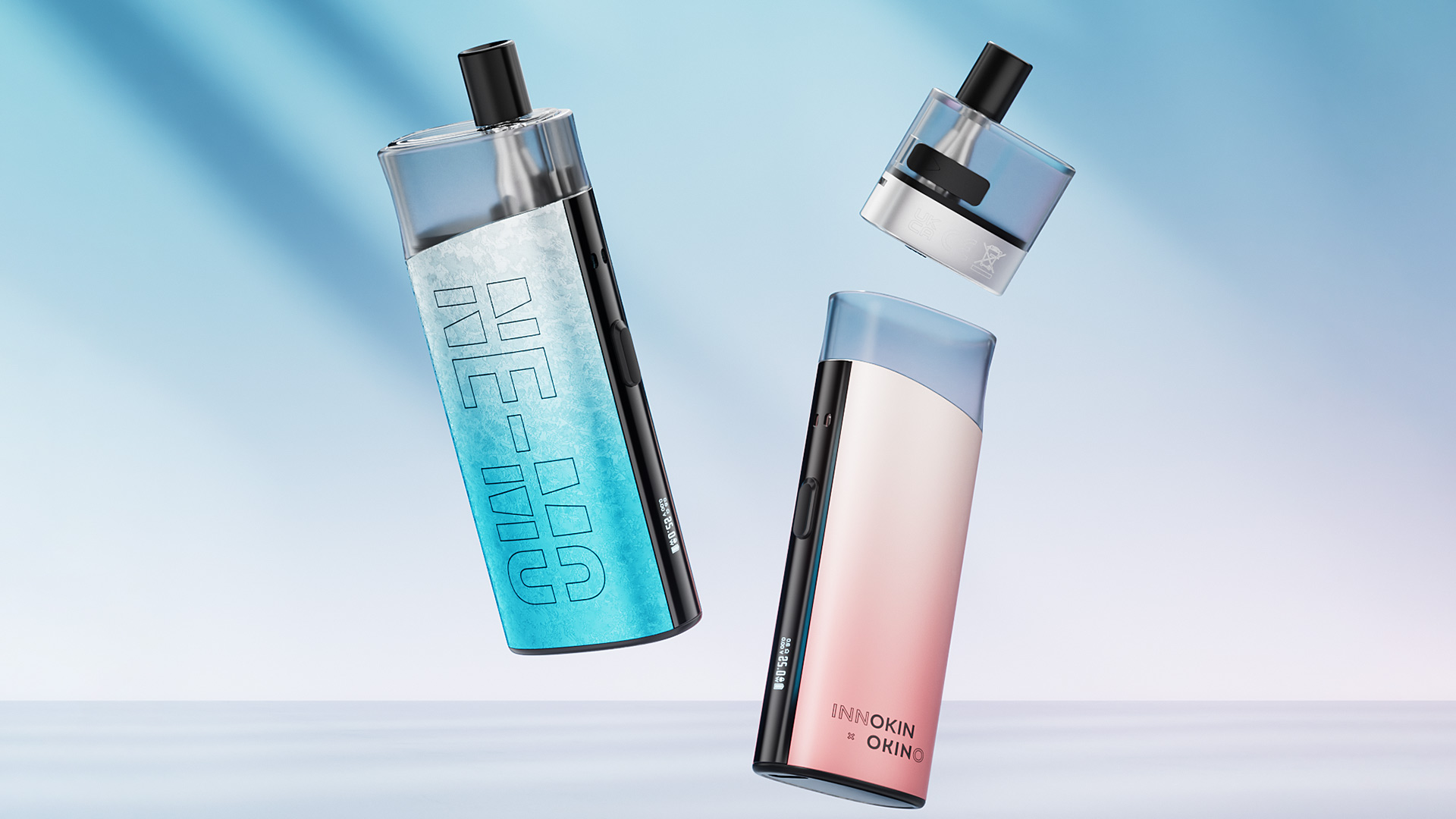 pod mod Innokin NE-MO pod mod colori blu e rosa sfumato, mostrato con componenti rimovibili.