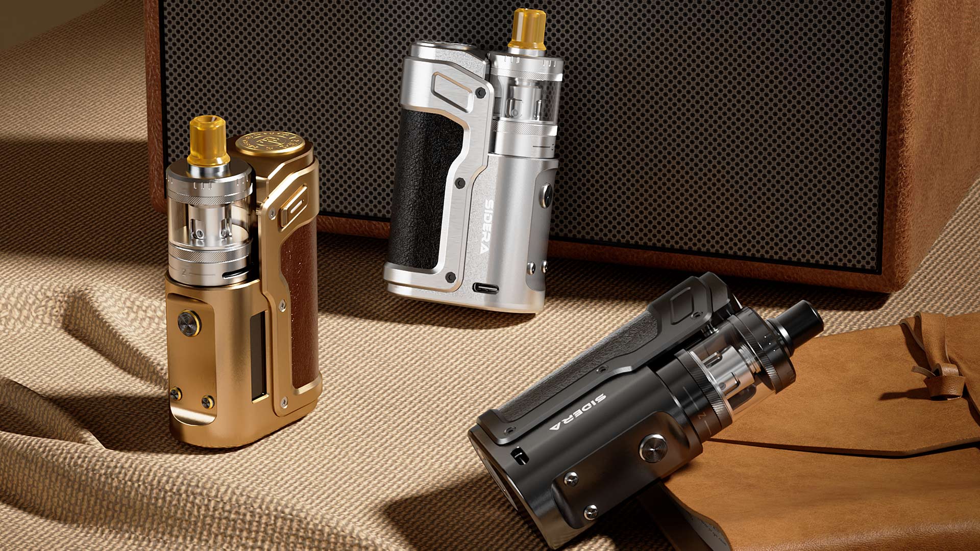 Dispositivi Innokin Sidera sigaretta elettronica in oro, argento e nero.