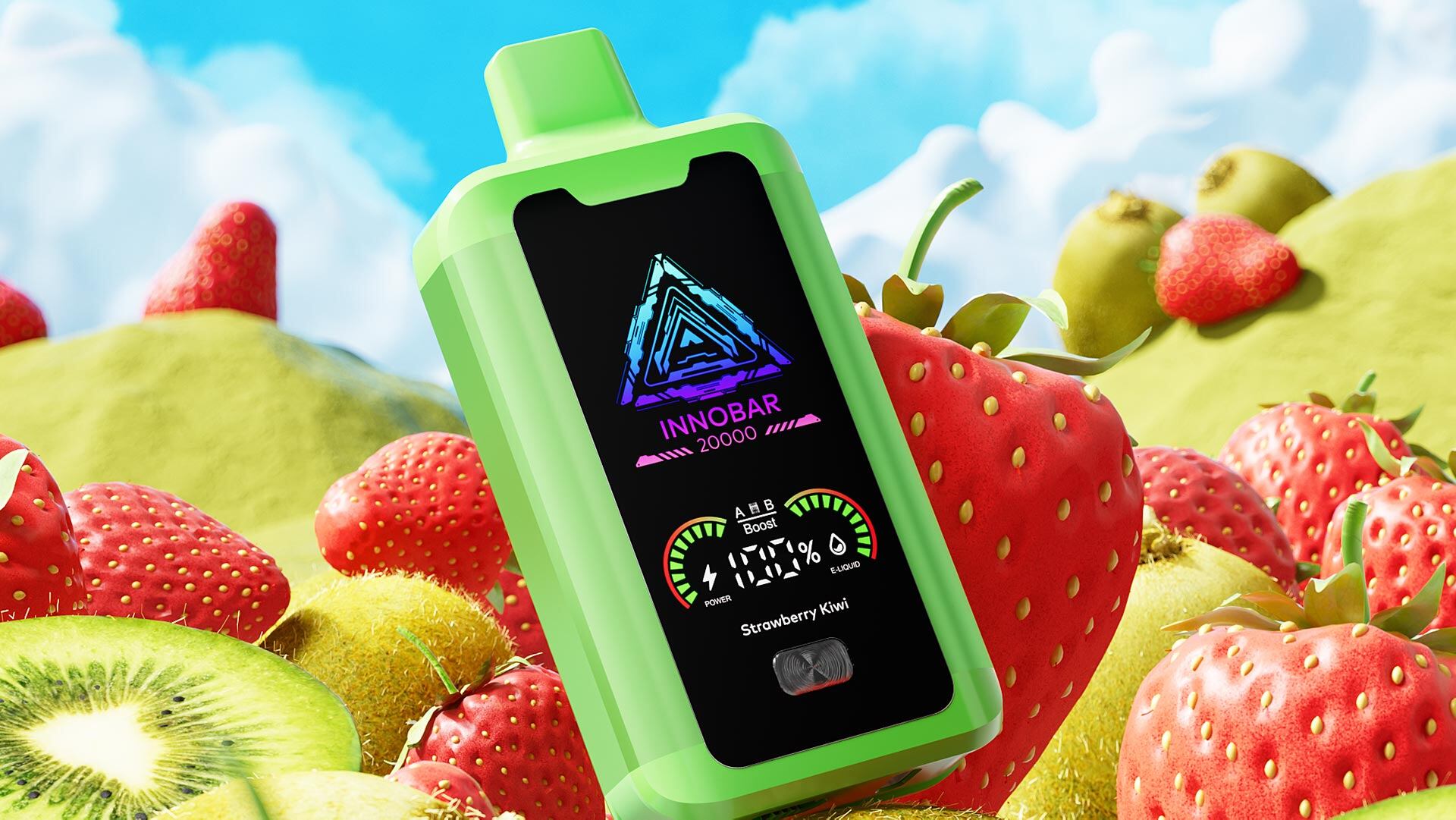 Penna monouso sigaretta elettronica con capacità di 20000 puff, gusto Fragola Kiwi.