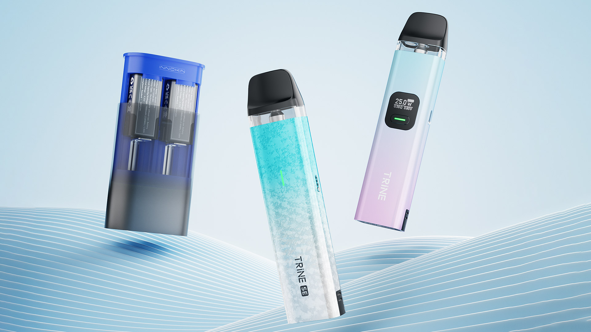 Innokin Trine Trine SE e Trine Power Hub visualizzati su uno sfondo ondulato